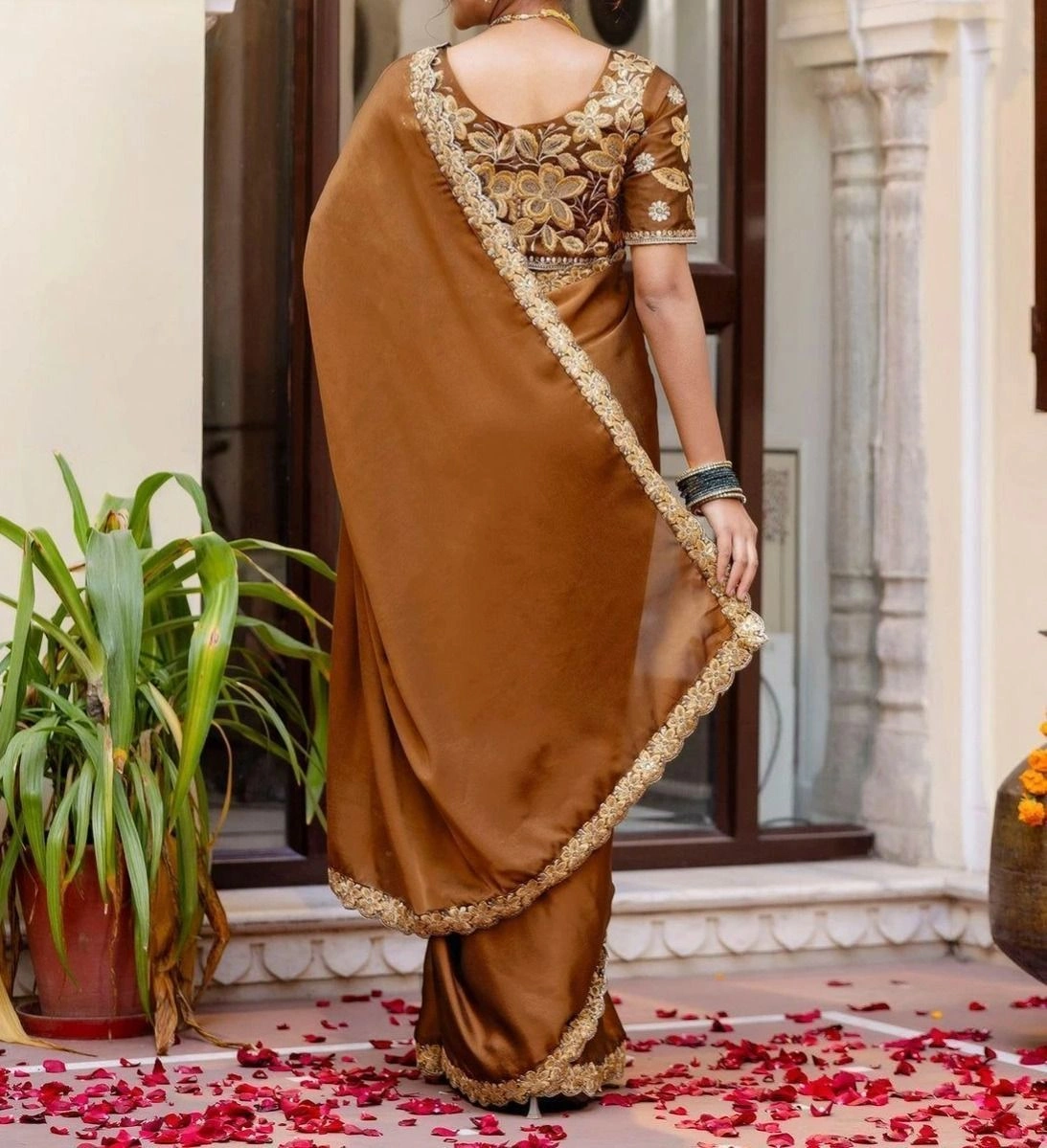 Tryloom Brown Silk Sequence Embroidery Lace Saree 7