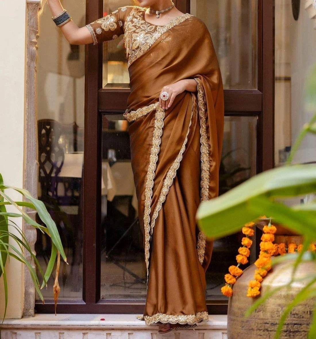 Tryloom Brown Silk Sequence Embroidery Lace Saree 6