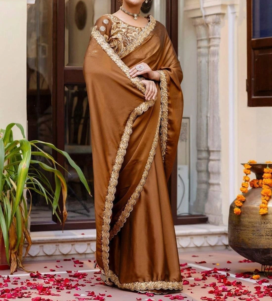 Tryloom Brown Silk Sequence Embroidery Lace Saree 5