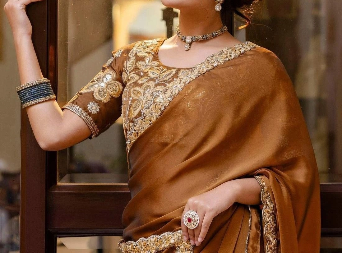Tryloom Brown Silk Sequence Embroidery Lace Saree 4