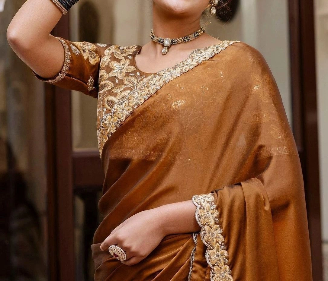 Tryloom Brown Silk Sequence Embroidery Lace Saree 3