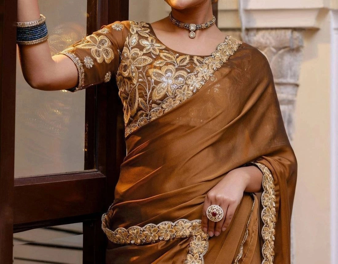 Tryloom Brown Silk Sequence Embroidery Lace Saree 2
