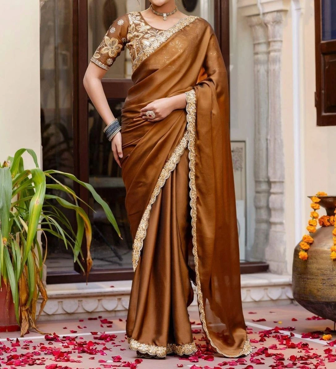 Tryloom Brown Silk Sequence Embroidery Lace Saree 1