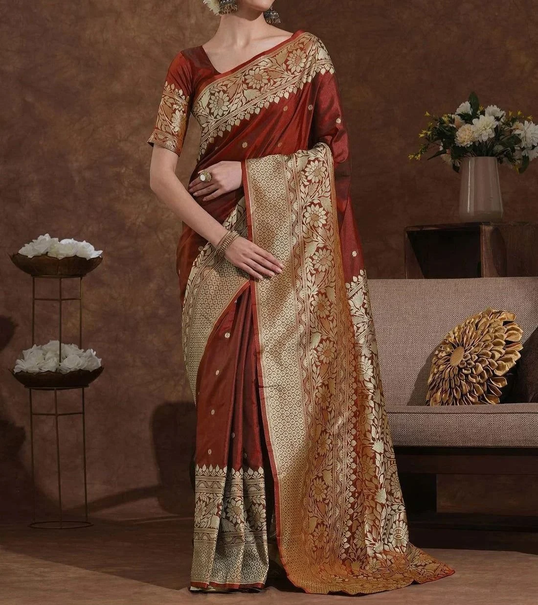 Tryloom Maroon Silk Woven Kanjivaram Saree 2