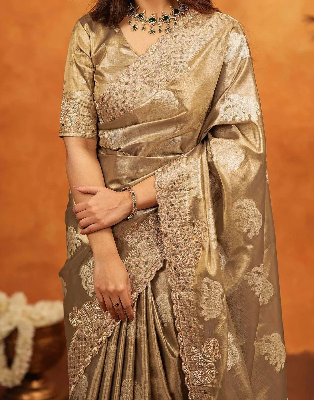 Tryloom premium Silk Woven Embroidery Stone Work Embellished Saree 11