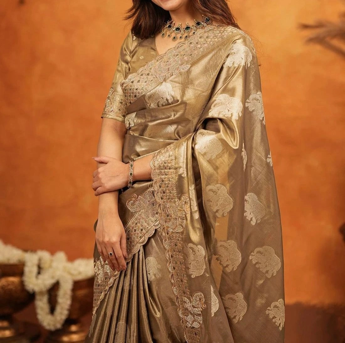 Tryloom premium Silk Woven Embroidery Stone Work Embellished Saree 1