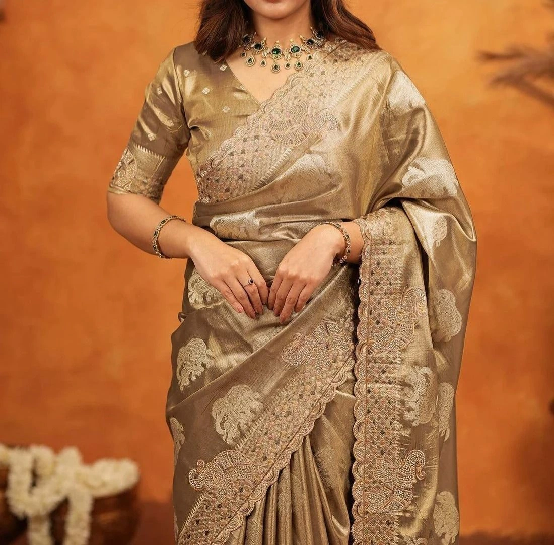 Tryloom premium Silk Woven Embroidery Stone Work Embellished Saree 3