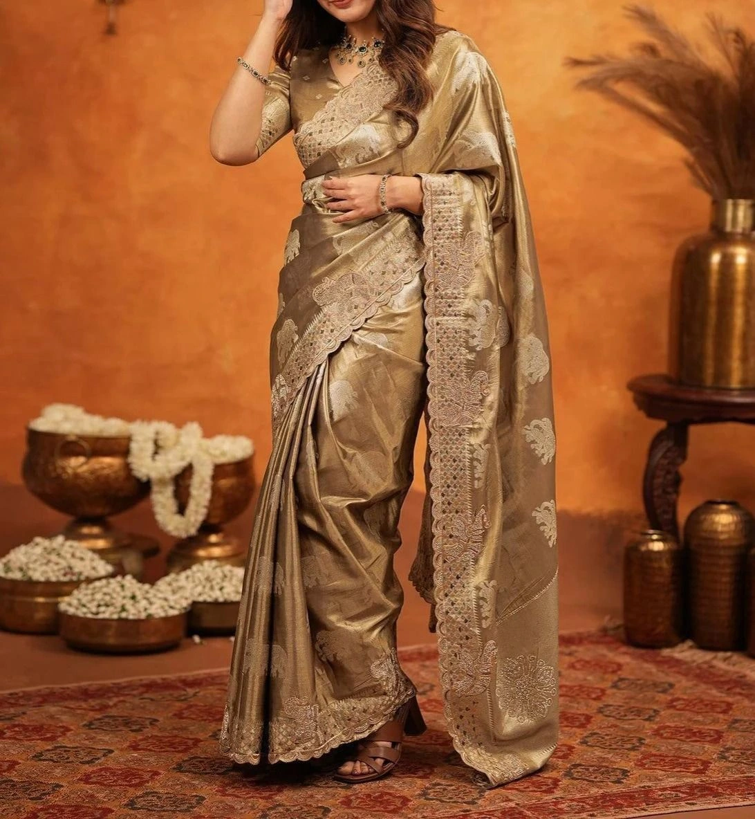 Tryloom premium Silk Woven Embroidery Stone Work Embellished Saree 4