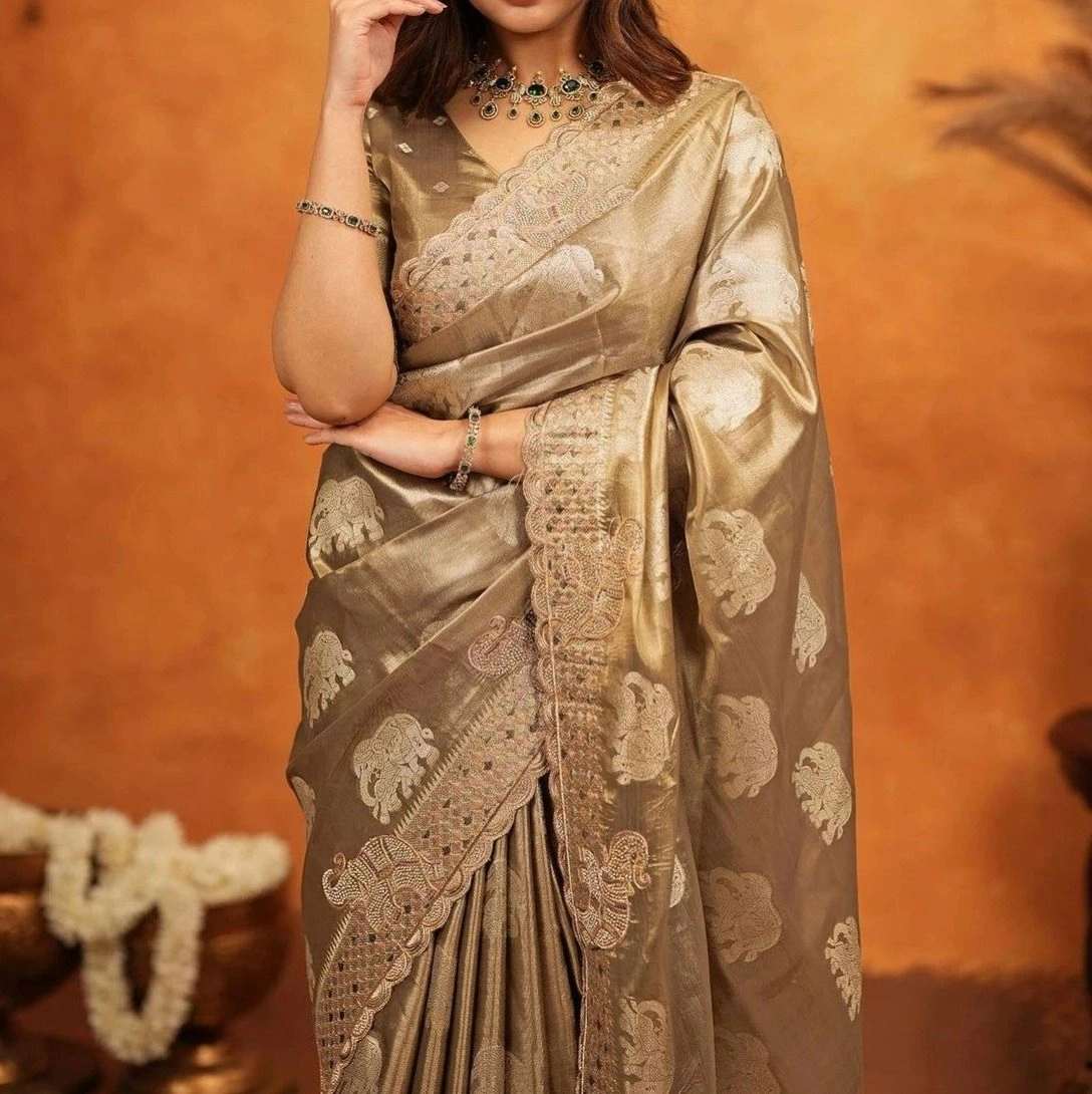 Tryloom premium Silk Woven Embroidery Stone Work Embellished Saree 6