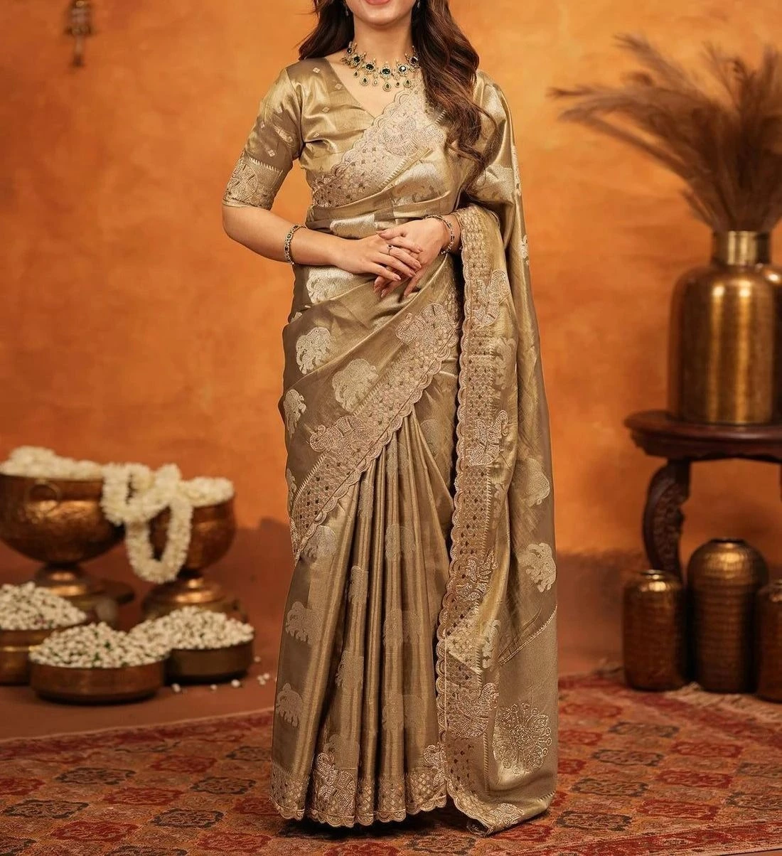 Tryloom premium Silk Woven Embroidery Stone Work Embellished Saree 9
