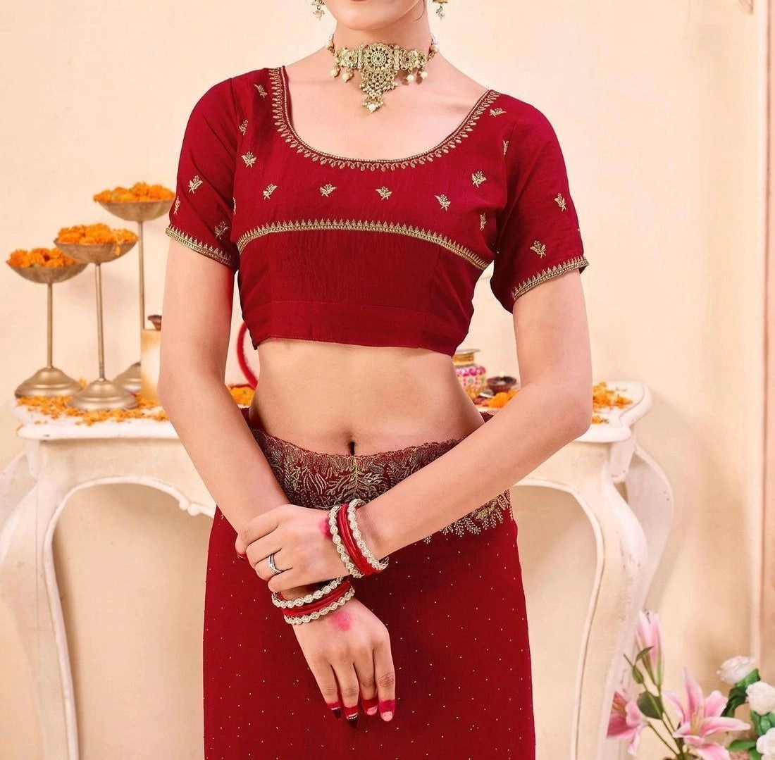Tryloom Red Silk Embroidery Embellished Saree 6