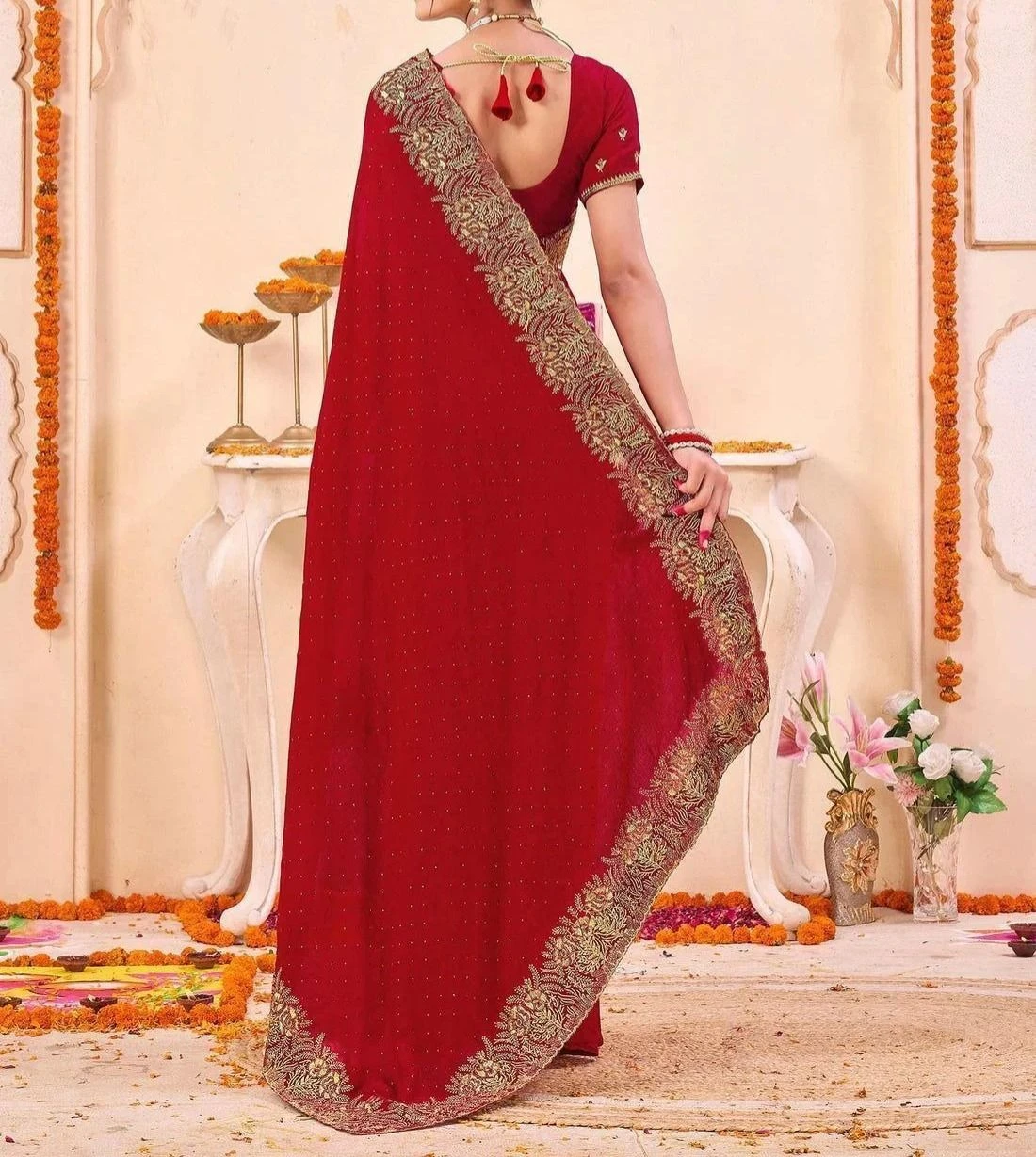 Tryloom Red Silk Embroidery Embellished Saree 5