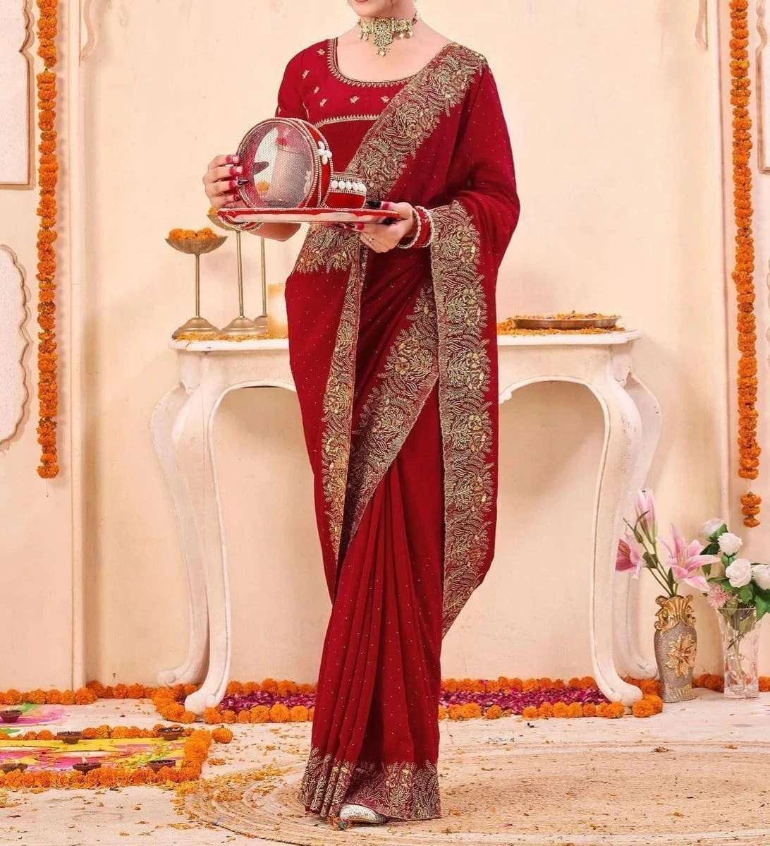 Tryloom Red Silk Embroidery Embellished Saree 4