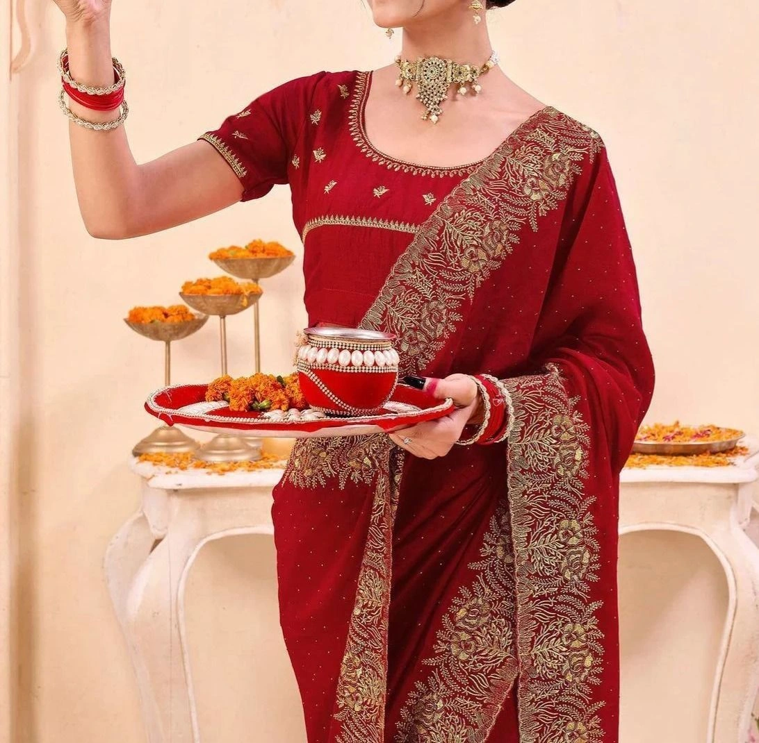 Tryloom Red Silk Embroidery Embellished Saree 3