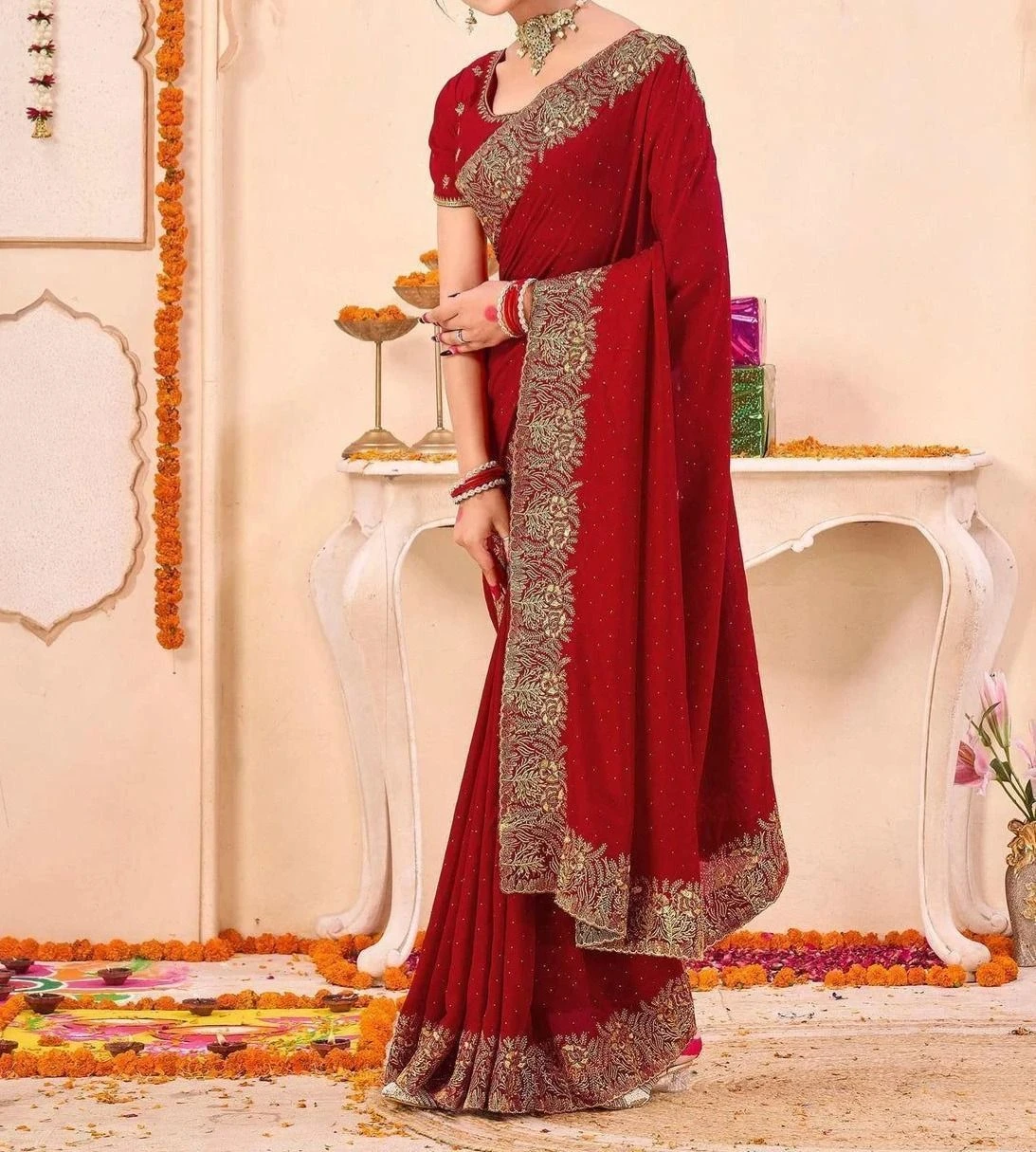 Tryloom Red Silk Embroidery Embellished Saree 2