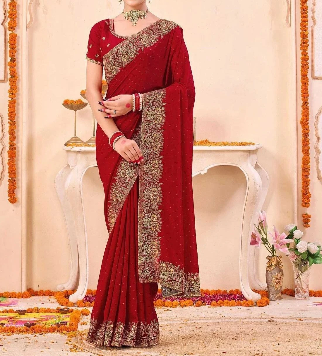 Tryloom Red Silk Embroidery Embellished Saree 1