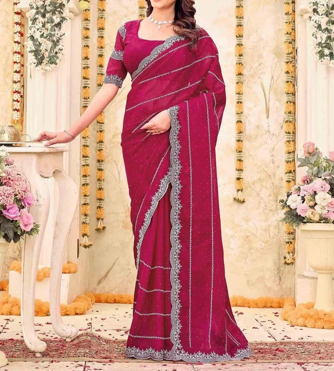 Tryloom Shimmer Georgette Embroidery Embellished Saree 1