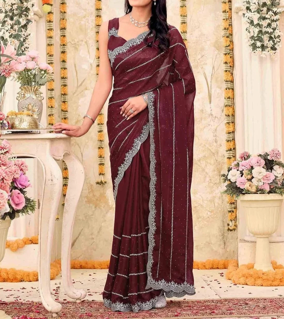 Tryloom Shimmer Georgette Embroidery Embellished Saree 2