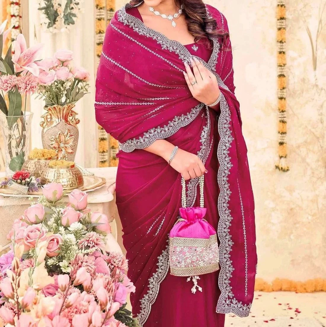 Tryloom Shimmer Georgette Embroidery Embellished Saree 3