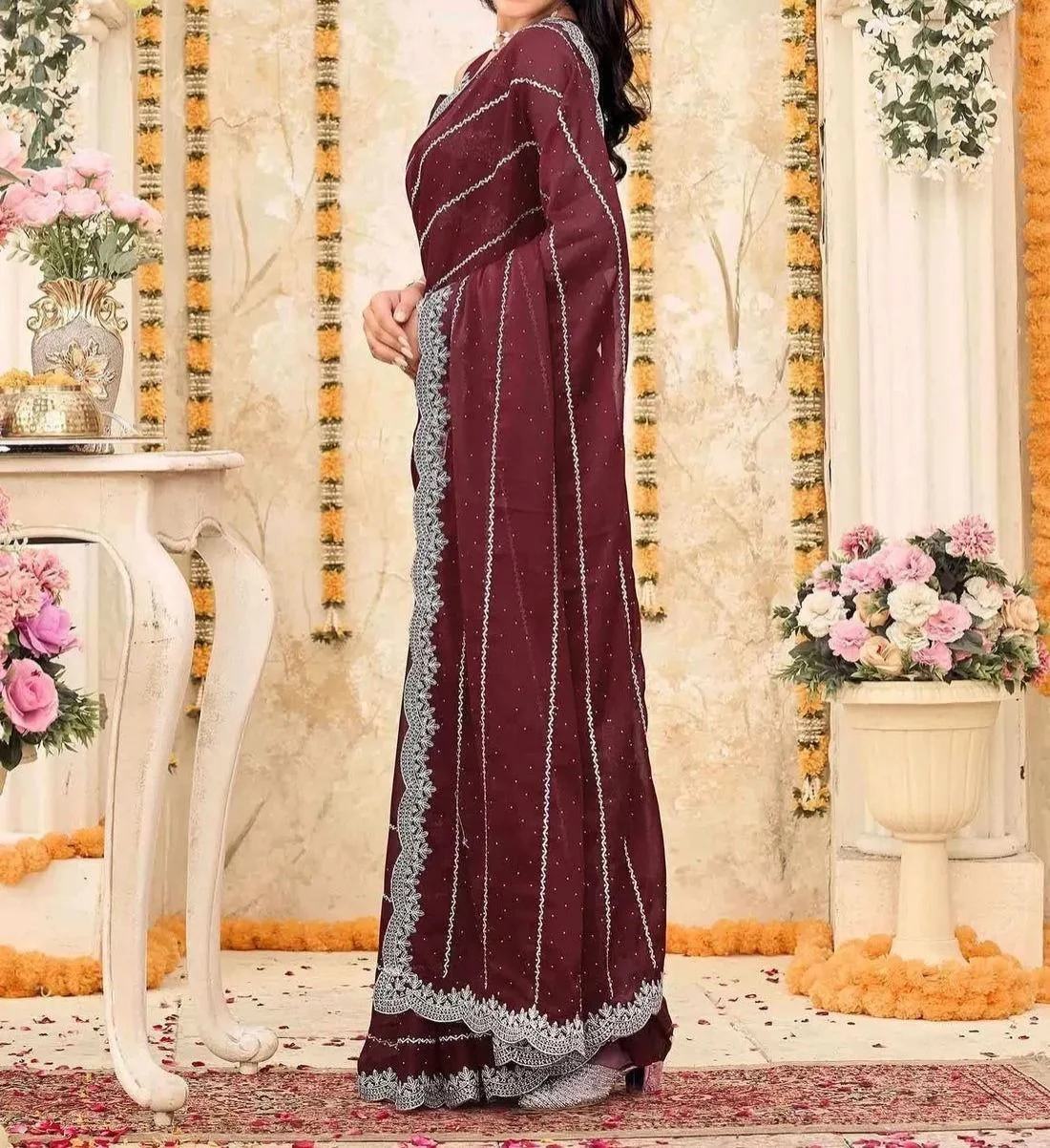 Tryloom Shimmer Georgette Embroidery Embellished Saree 5