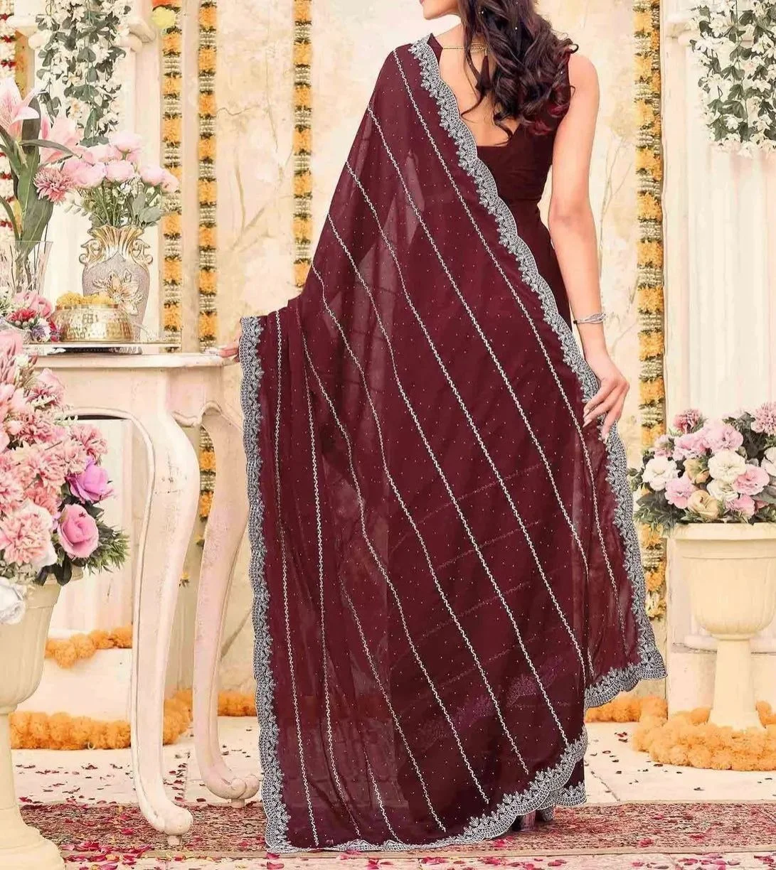 Tryloom Shimmer Georgette Embroidery Embellished Saree 7