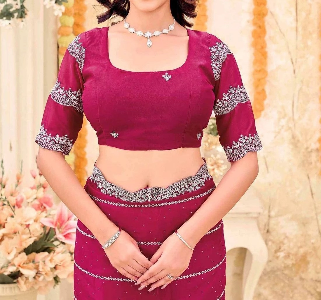 Tryloom Shimmer Georgette Embroidery Embellished Saree 8