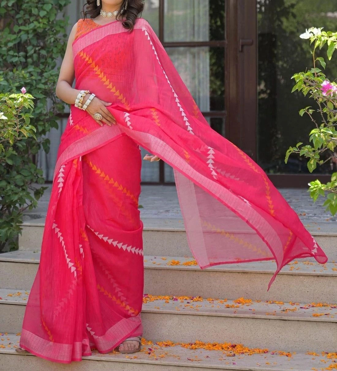 Tryloom Ready To Wear Pink Linen Printed Embroidery Border Saree 4