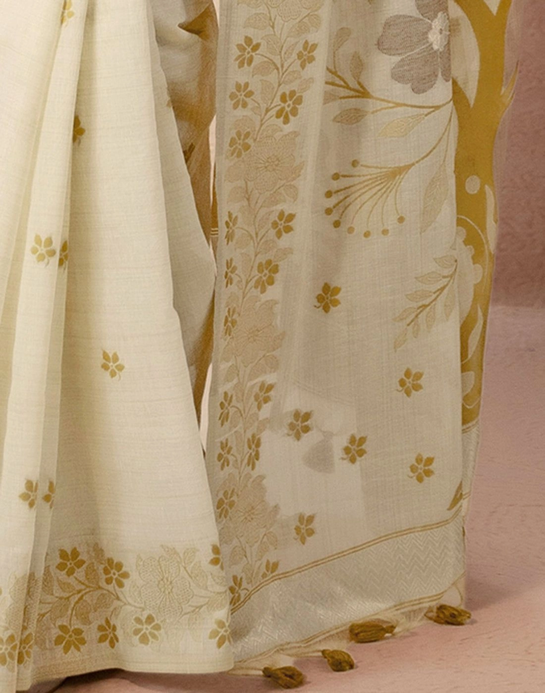 Tryloom Beige Chanderi Cotton Woven Onam Saree 11