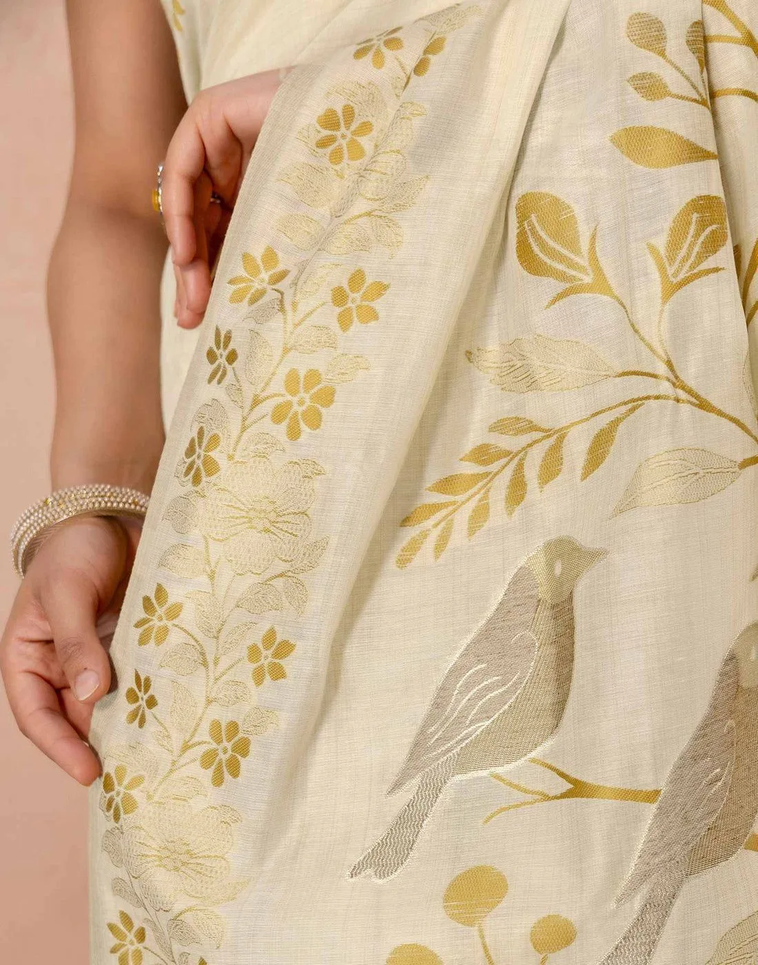 Tryloom Beige Chanderi Cotton Woven Onam Saree 12
