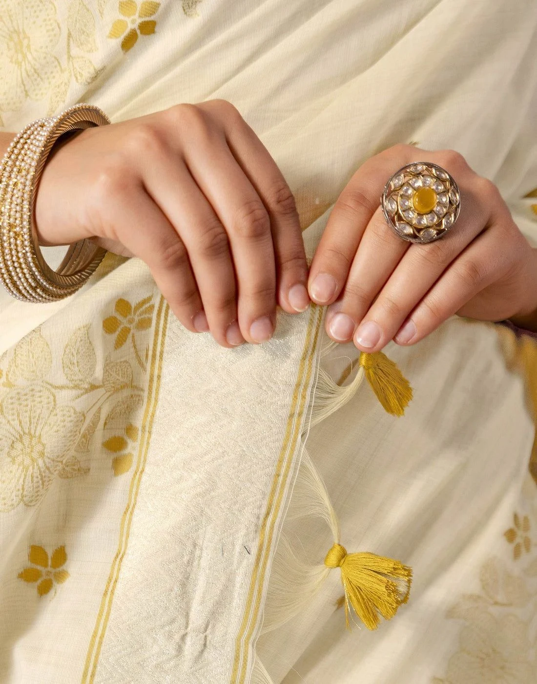 Tryloom Beige Chanderi Cotton Woven Onam Saree 13