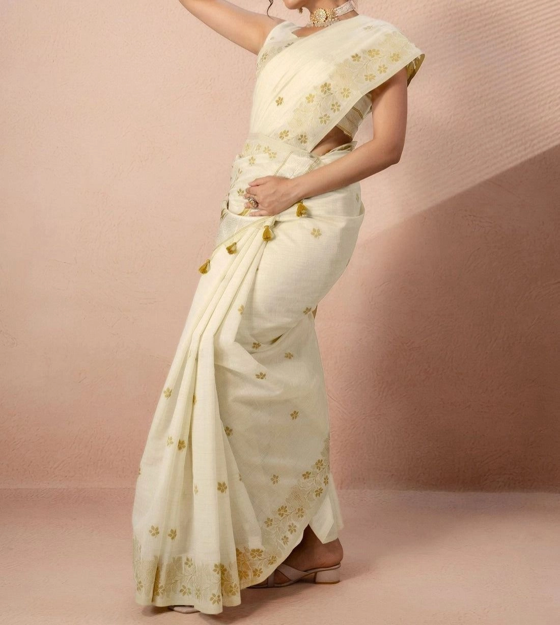 Tryloom Beige Chanderi Cotton Woven Onam Saree 7