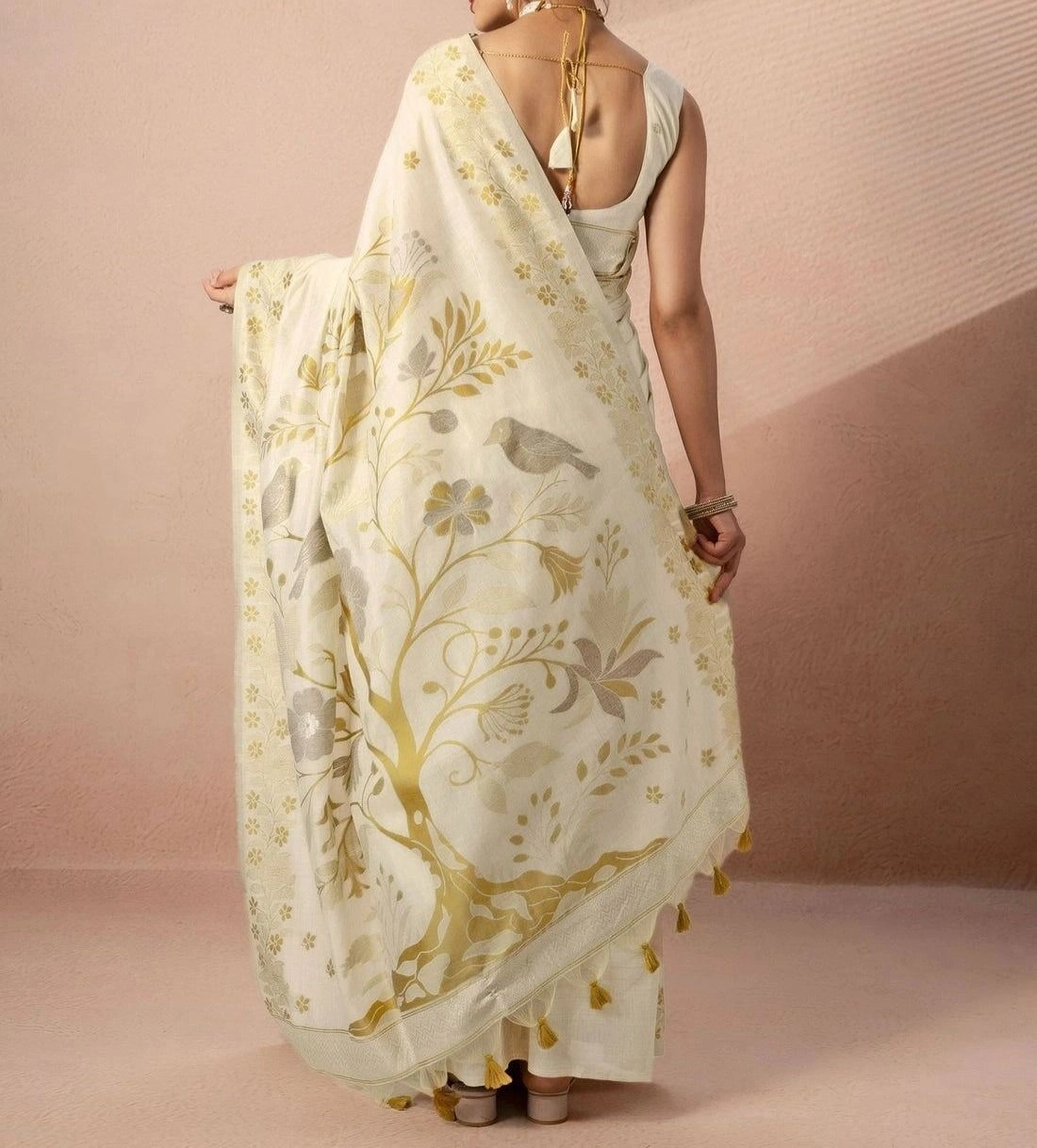 Tryloom Beige Chanderi Cotton Woven Onam Saree 5