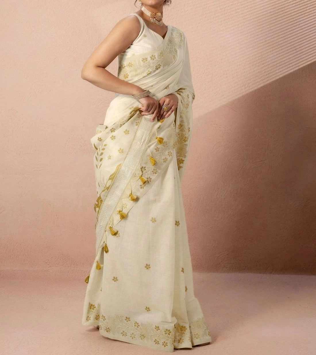 Tryloom Beige Chanderi Cotton Woven Onam Saree 4