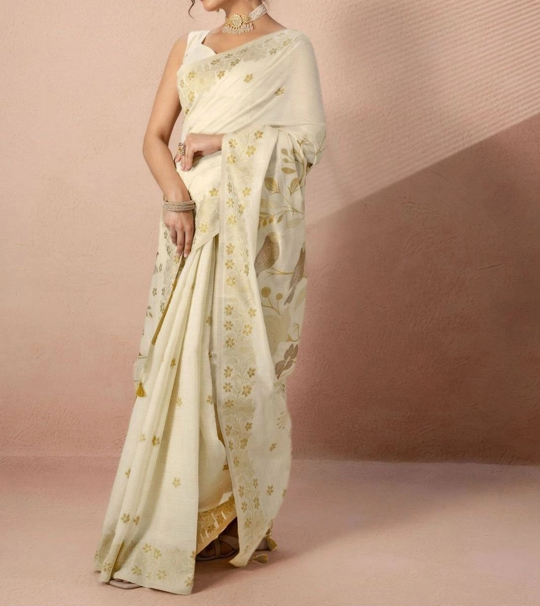 Tryloom Beige Chanderi Cotton Woven Onam Saree 3