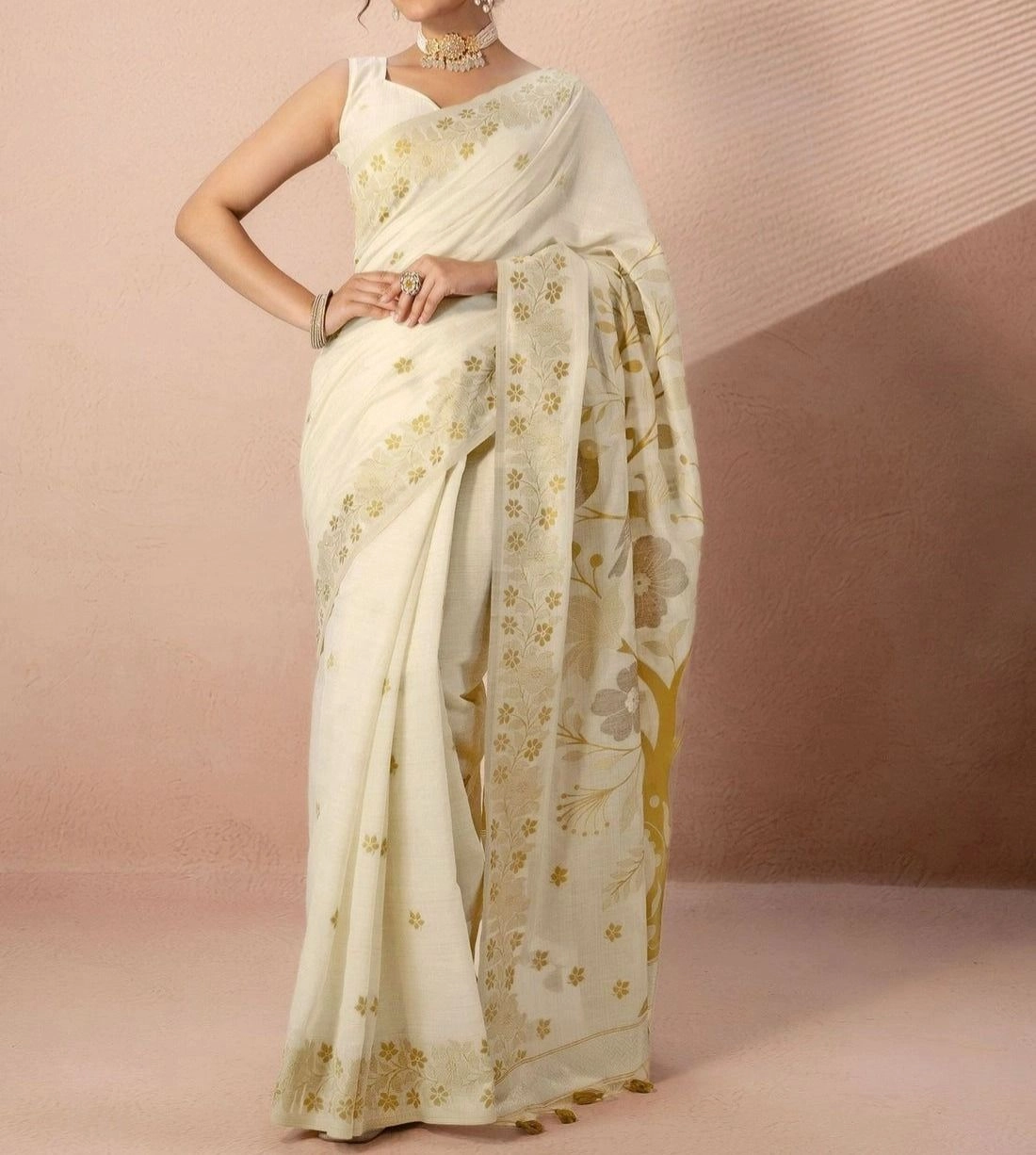 Tryloom Beige Chanderi Cotton Woven Onam Saree 1
