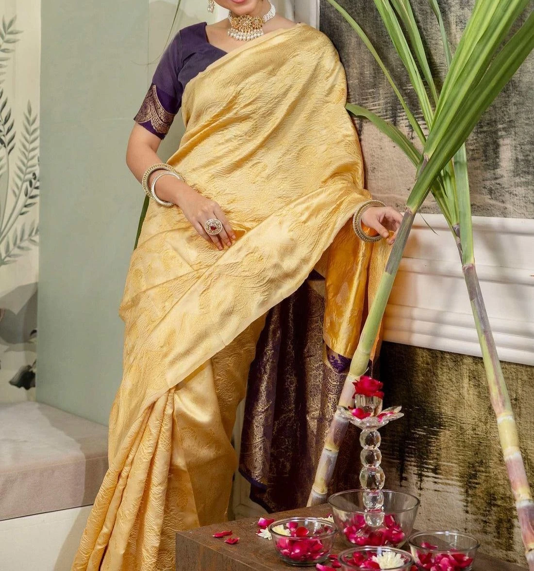 Tryloom Cream Silk Woven Banarasi Onam Saree 9