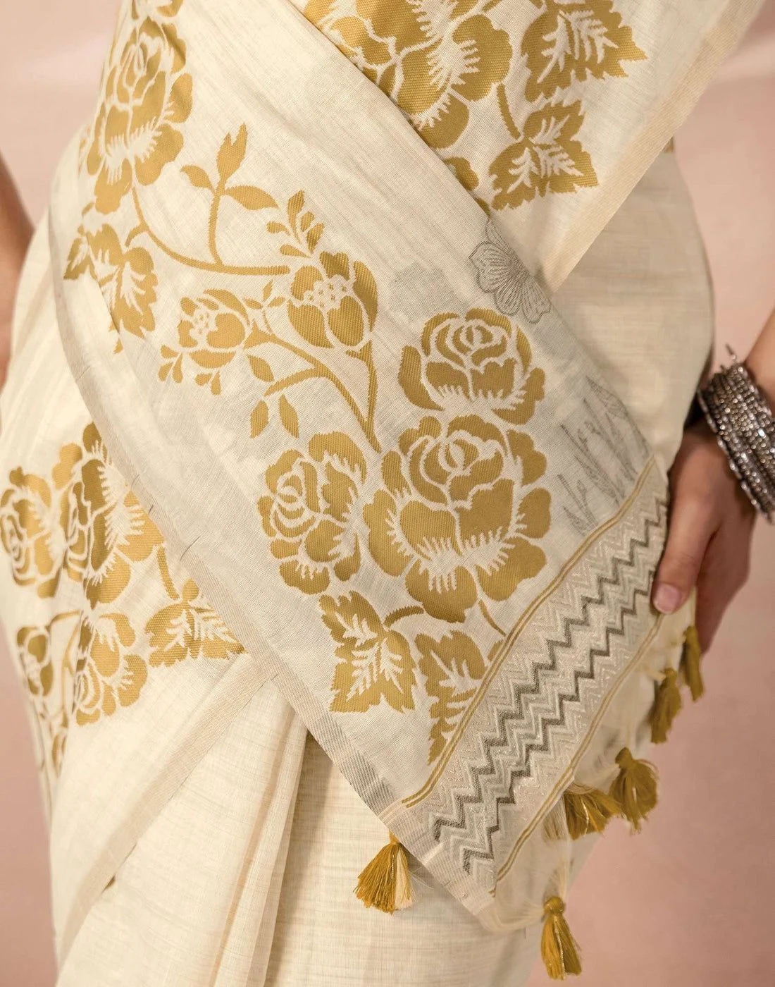 Tryloom Beige Chanderi Cotton Woven Onam Saree 9