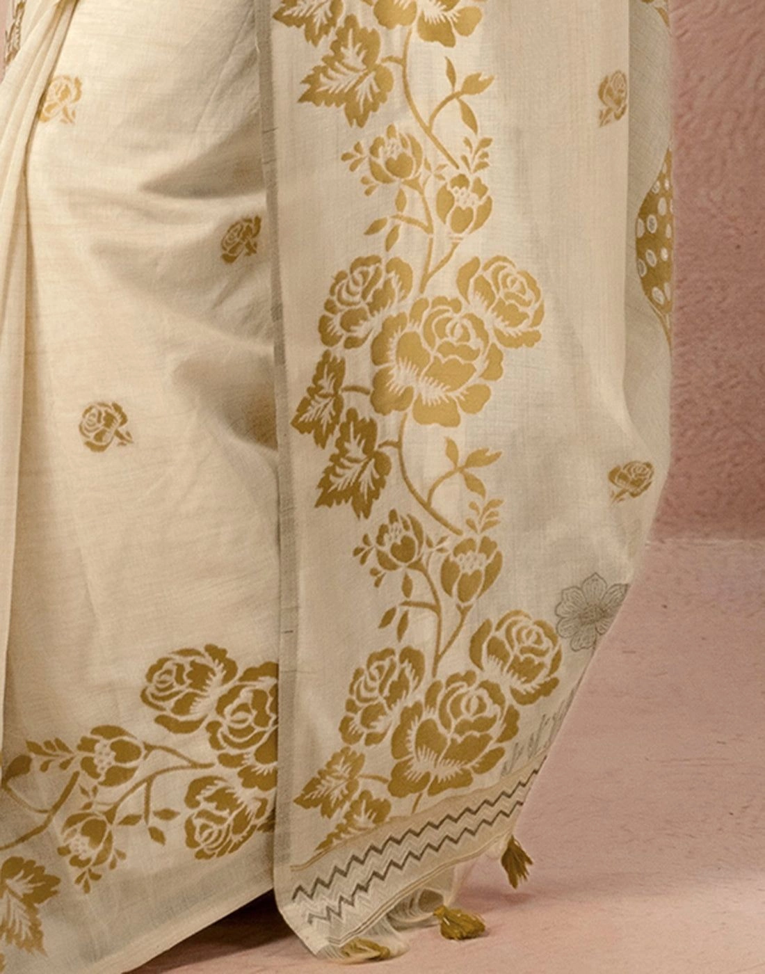 Tryloom Beige Chanderi Cotton Woven Onam Saree 10