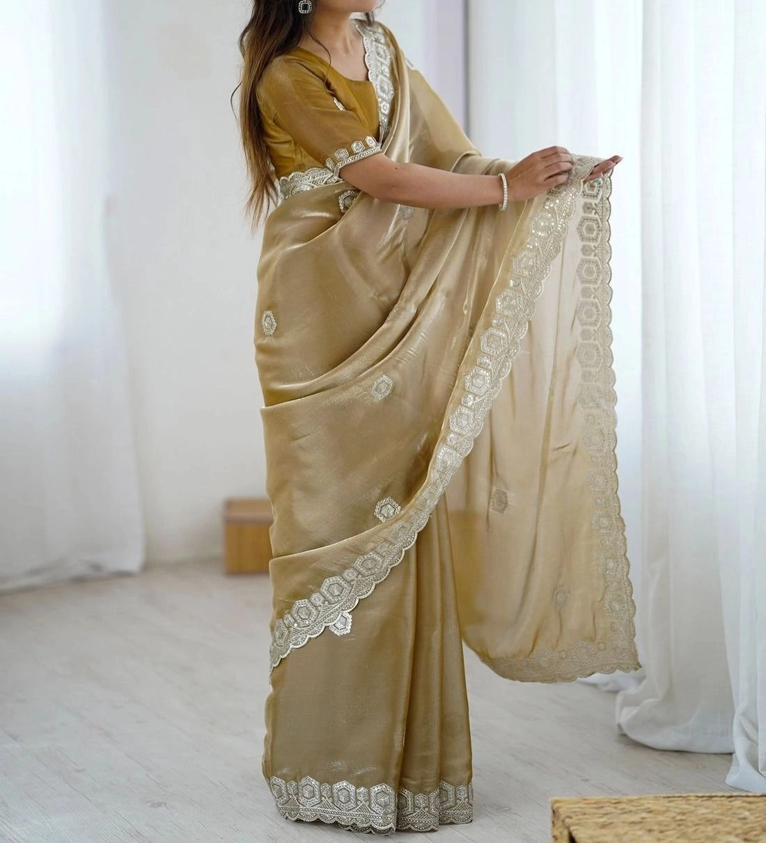 Tryloom Dark Beige Tissue Silk Embroidery Onam Saree 6