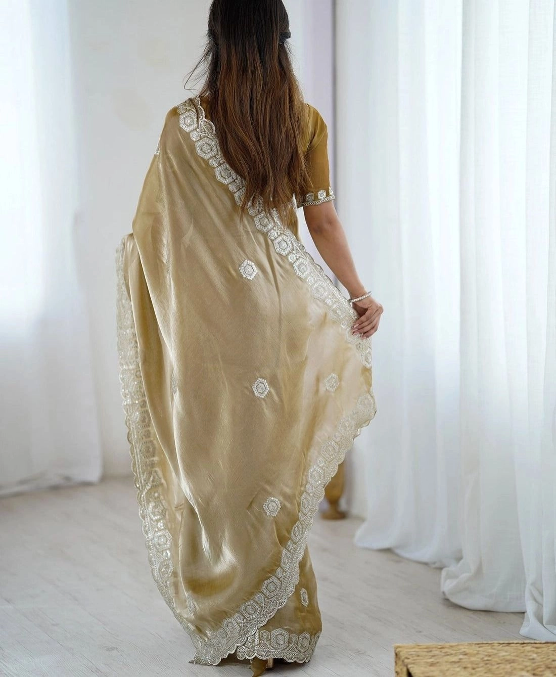 Tryloom Dark Beige Tissue Silk Embroidery Onam Saree 5