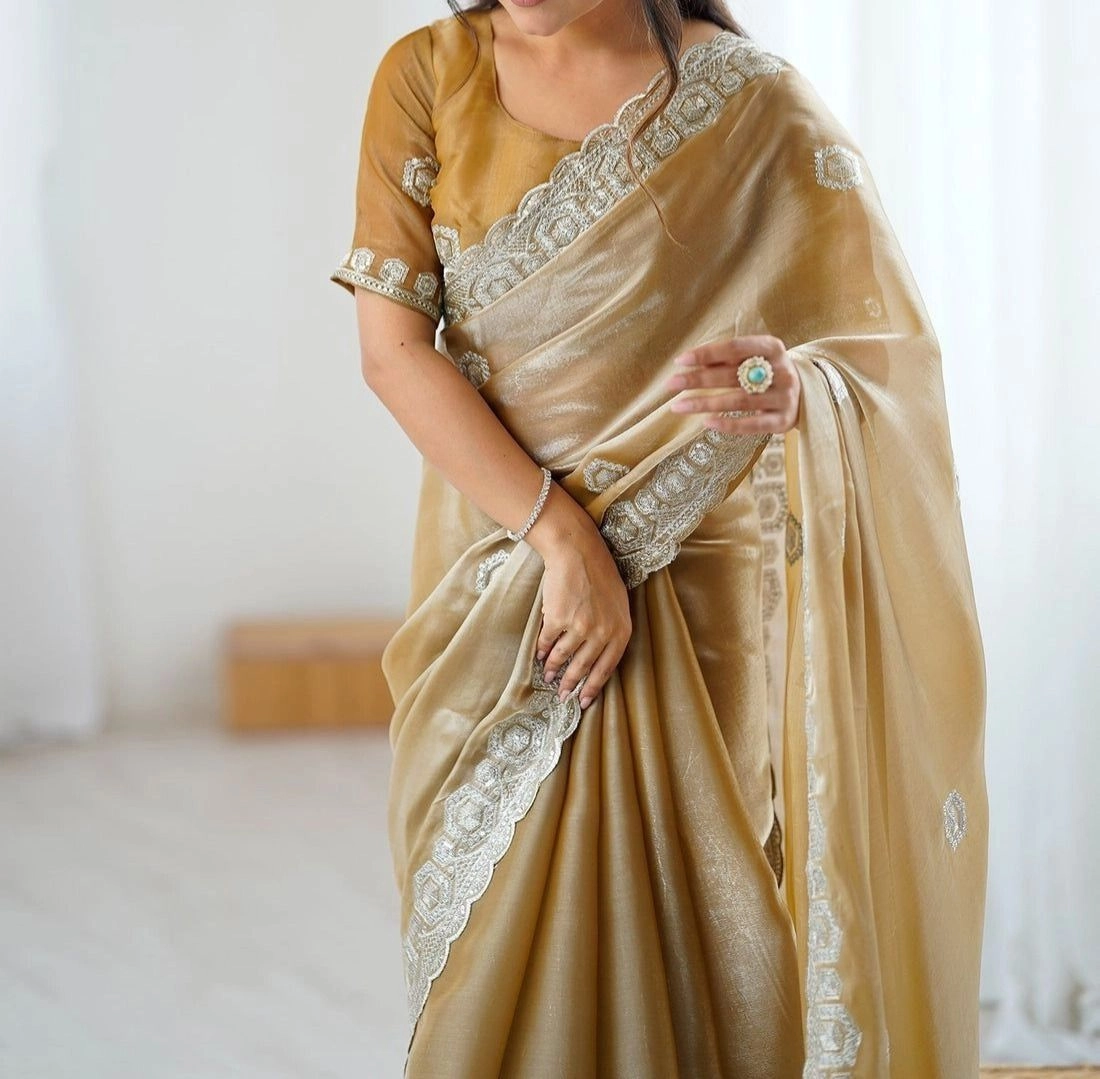 Tryloom Dark Beige Tissue Silk Embroidery Onam Saree 3