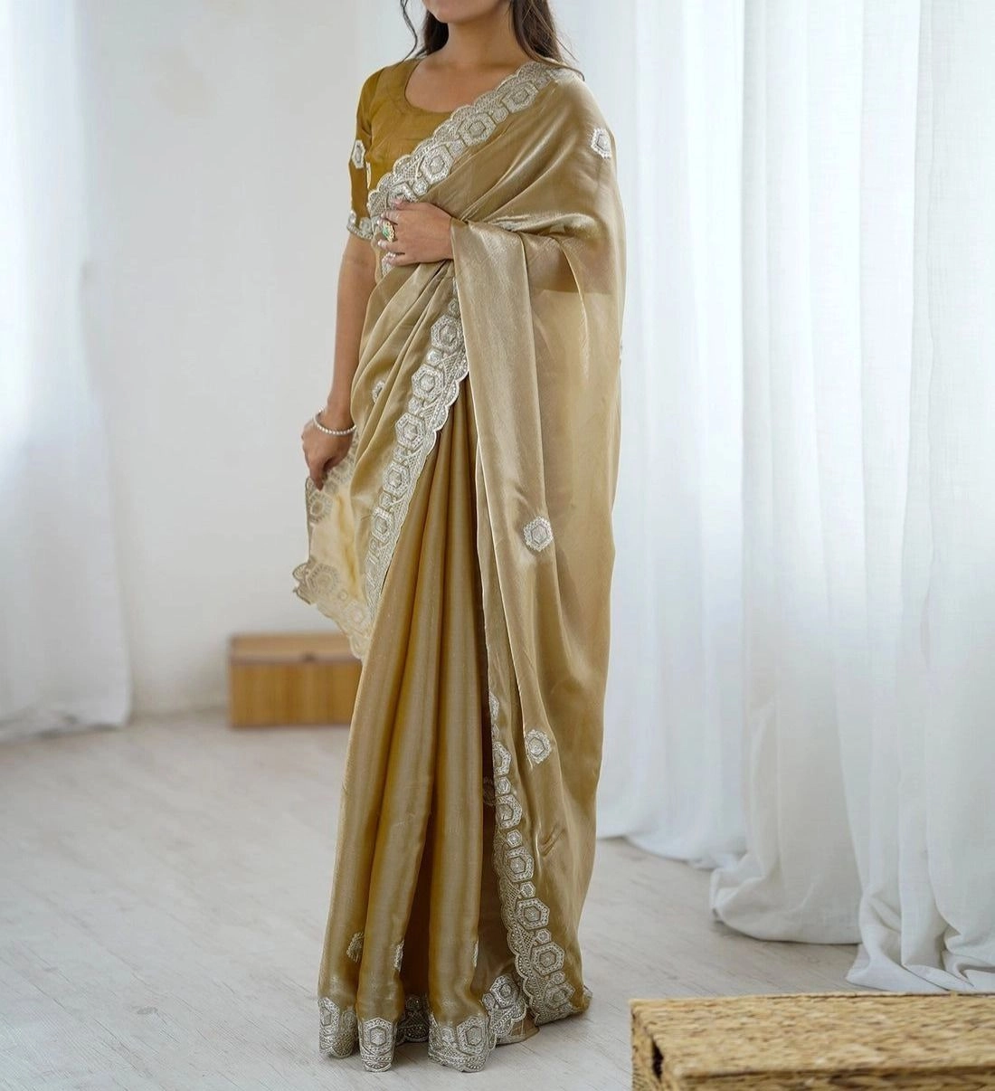 Tryloom Dark Beige Tissue Silk Embroidery Onam Saree 1