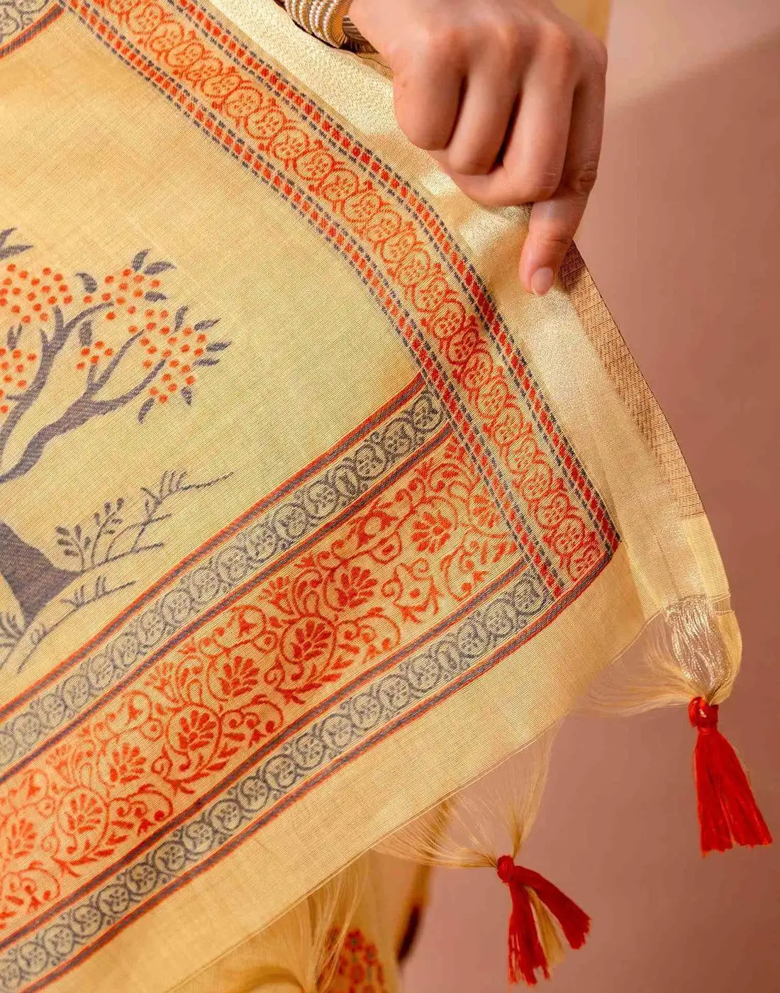 Tryloom Mustard Yellow Chanderi Cotton Woven Onam Saree 9