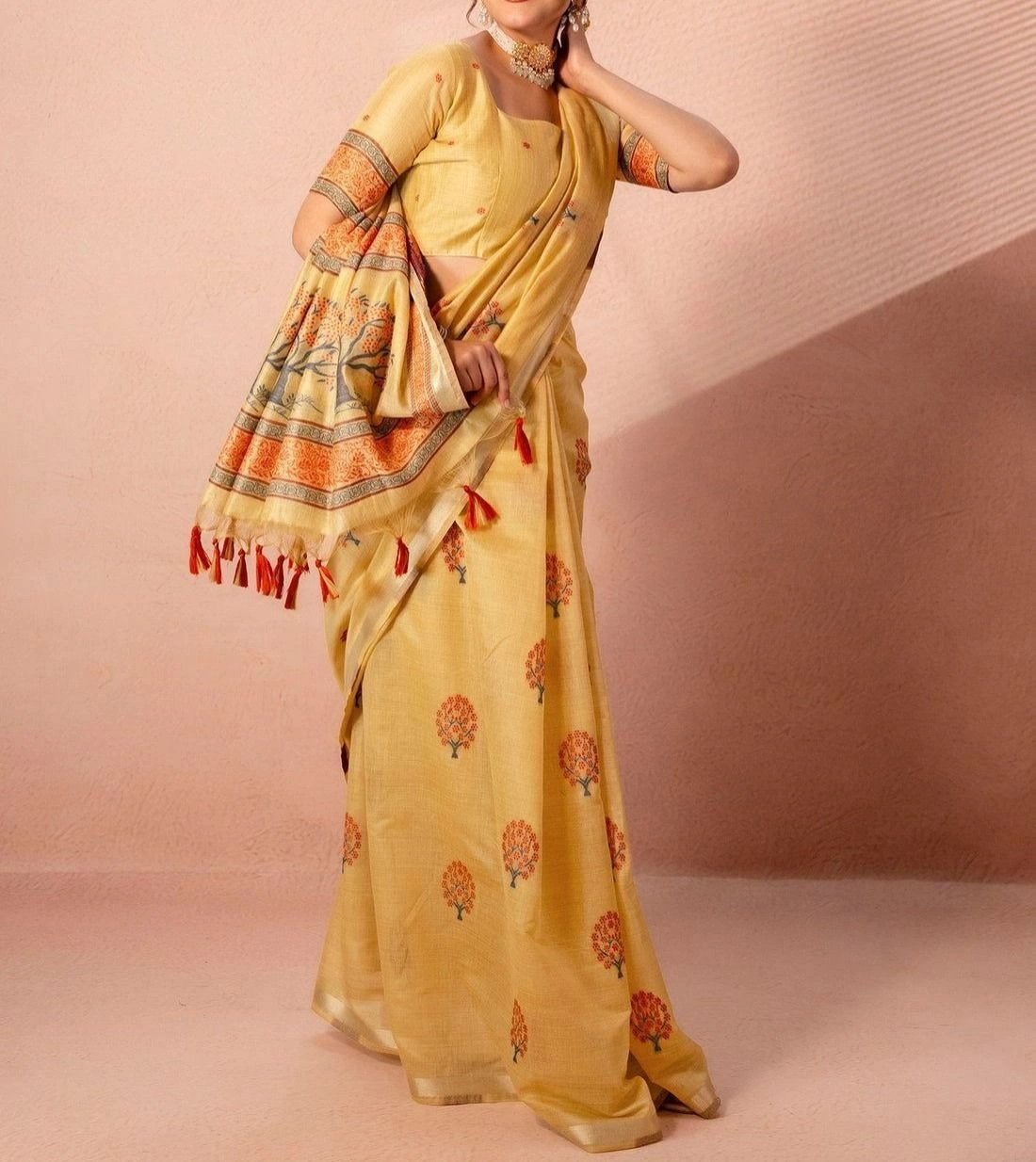 Tryloom Mustard Yellow Chanderi Cotton Woven Onam Saree 8
