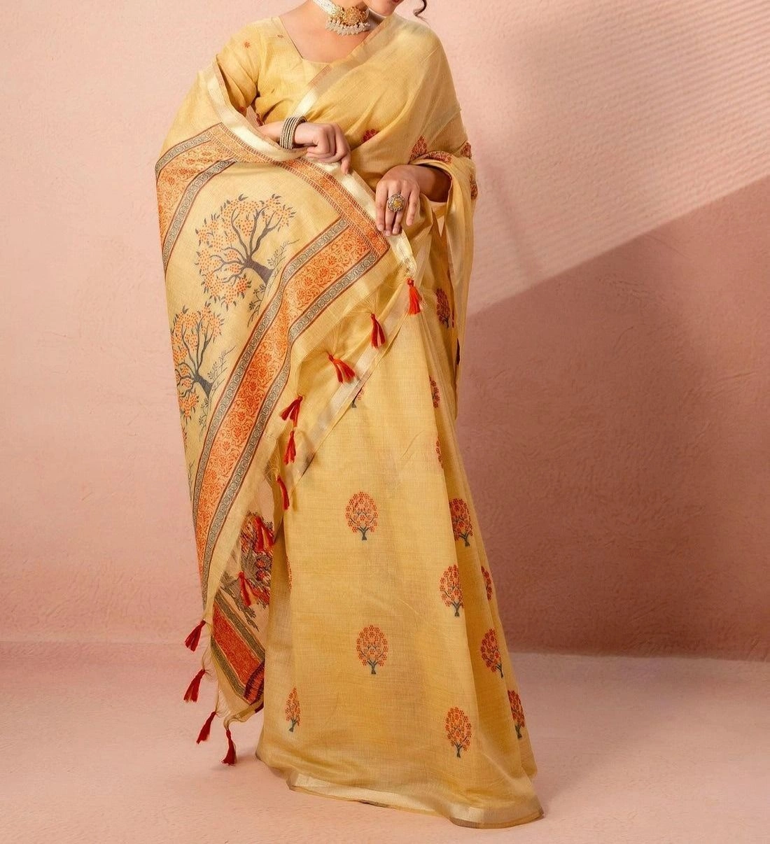 Tryloom Mustard Yellow Chanderi Cotton Woven Onam Saree 7