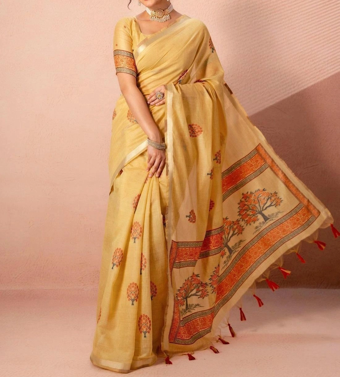 Tryloom Mustard Yellow Chanderi Cotton Woven Onam Saree 6