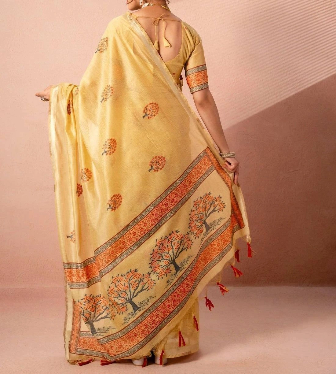 Tryloom Mustard Yellow Chanderi Cotton Woven Onam Saree 5
