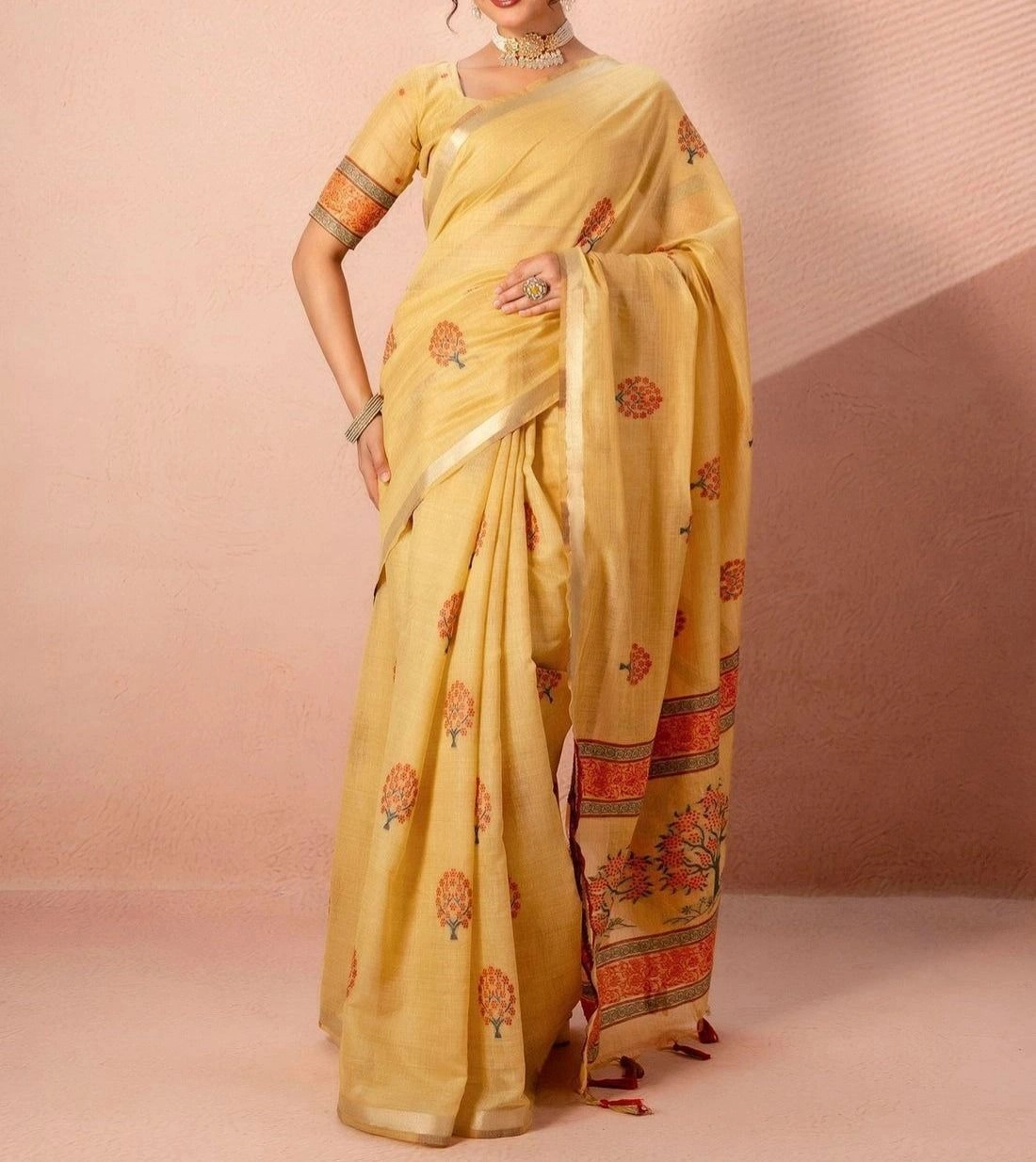 Tryloom Mustard Yellow Chanderi Cotton Woven Onam Saree 4