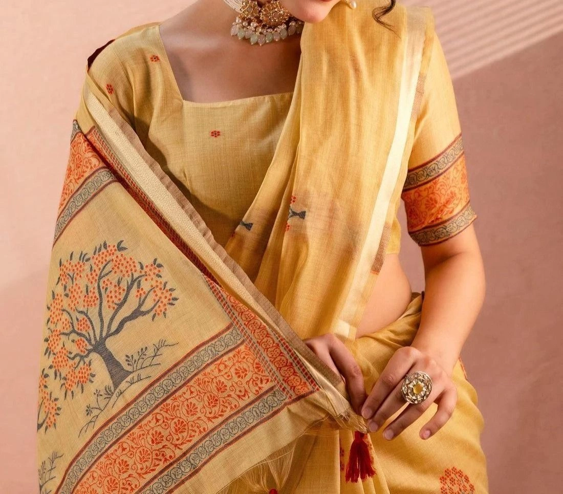 Tryloom Mustard Yellow Chanderi Cotton Woven Onam Saree 3