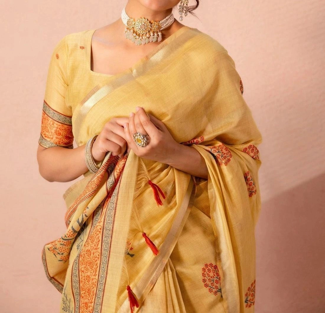 Tryloom Mustard Yellow Chanderi Cotton Woven Onam Saree 2